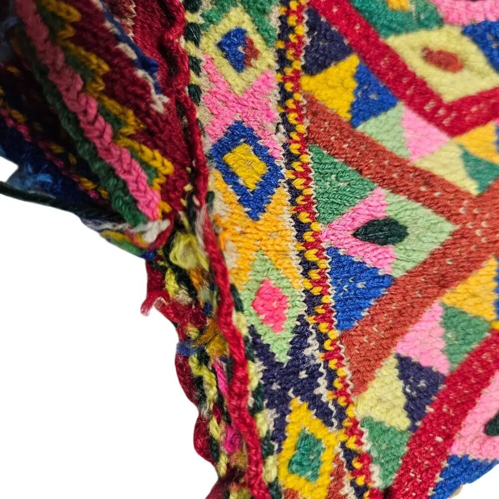 Vintage Hand Knit Tribal Wool Hat Colorful Geometric Patterns Tassels‎ Earflaps